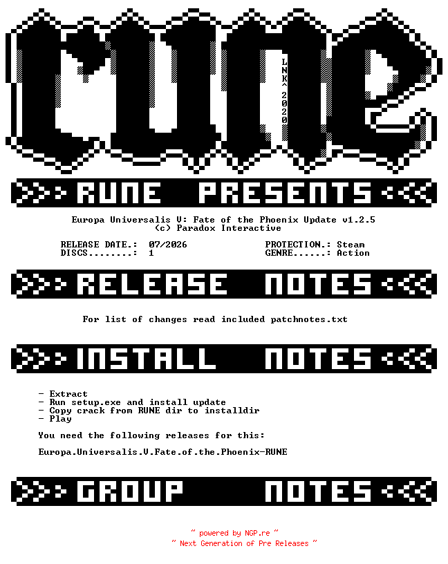NFO for the release Europa.Universalis.V.Fate.of.the.Phoenix.Update.v1.2.5-RUNE by RUNE