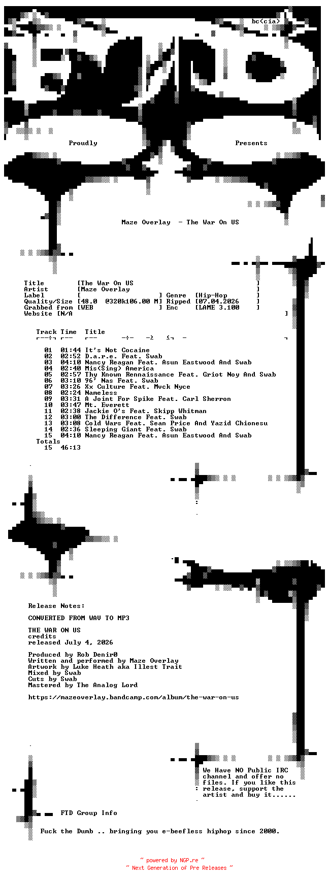 NFO for the release Maze_Overlay-The_War_On_US-WEB-2026-FTD by FTD