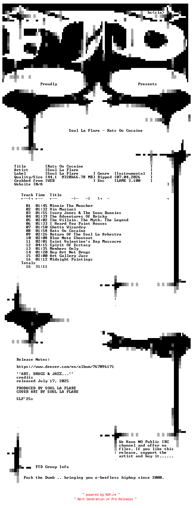 NFO for the release Soul_La_Flare-Rats_On_Cocaine-WEB-2025-FTD by FTD
