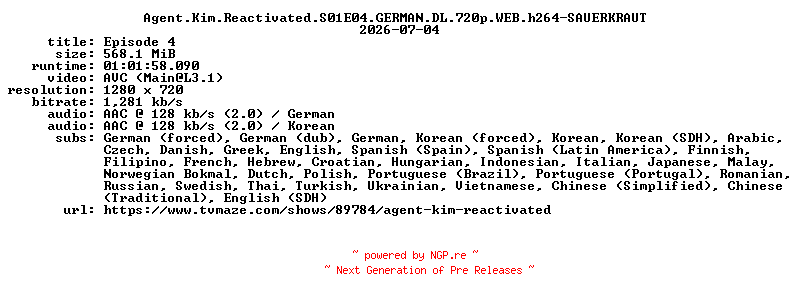 NFO for the release Agent.Kim.Reactivated.S01E04.GERMAN.DL.720p.WEB.h264-SAUERKRAUT by SAUERKRAUT