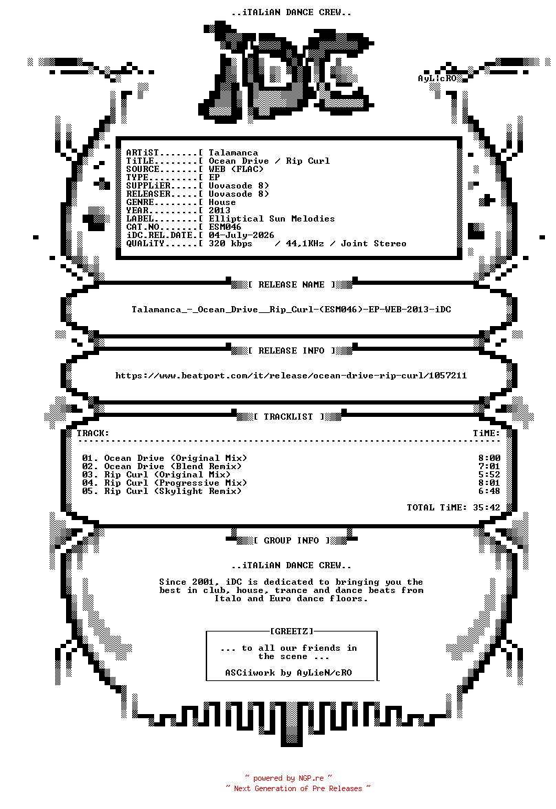 NFO for the release Talamanca_-_Ocean_Drive__Rip_Curl-(ESM046)-EP-WEB-2013-iDC by iDC