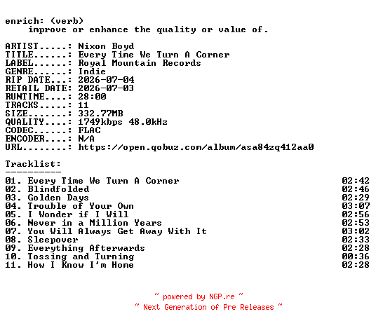 NFO for the release Nixon_Boyd-Every_Time_We_Turn_A_Corner-24BIT-WEB-FLAC-2026-ENRiCH by ENRiCH