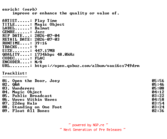 NFO for the release Play_Time-Magic_Object-24BIT-WEB-FLAC-2026-ENRiCH by ENRiCH