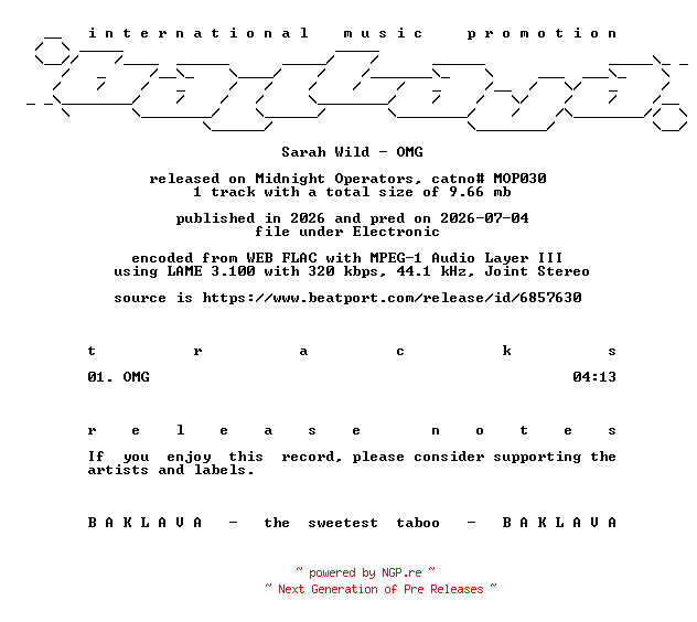 NFO for the release Sarah_Wild-OMG-(MOP030)-SINGLE-WEB-2026-BAKLAVA by BAKLAVA