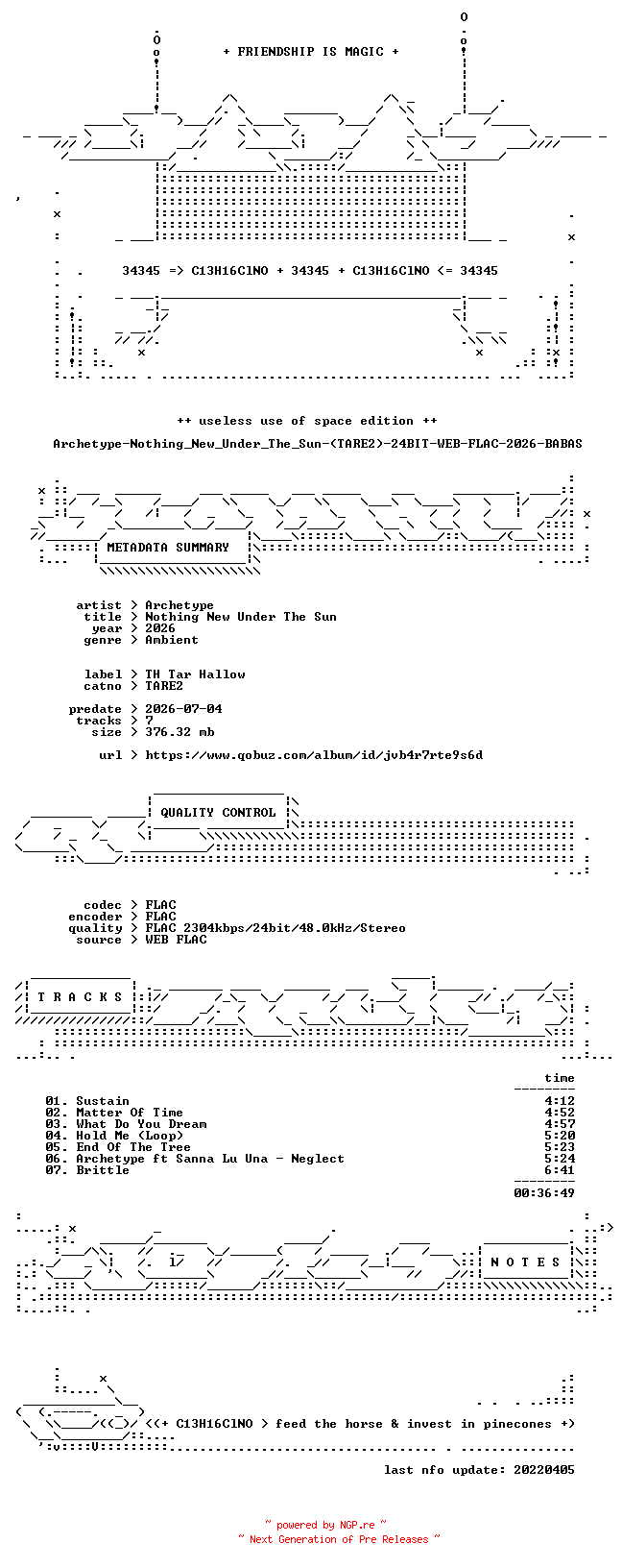NFO for the release Archetype-Nothing_New_Under_The_Sun-(TARE2)-24BIT-WEB-FLAC-2026-BABAS by BABAS