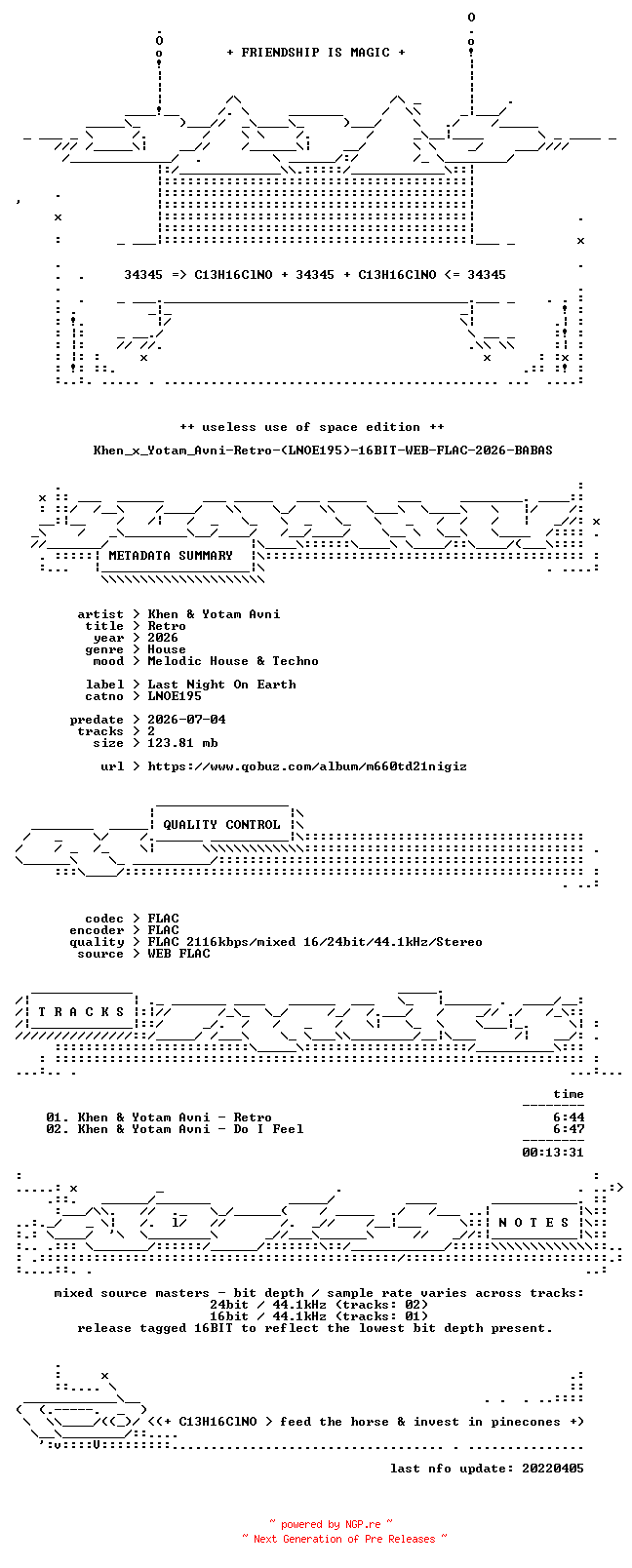 NFO for the release Khen_x_Yotam_Avni-Retro-(LNOE195)-16BIT-WEB-FLAC-2026-BABAS by BABAS