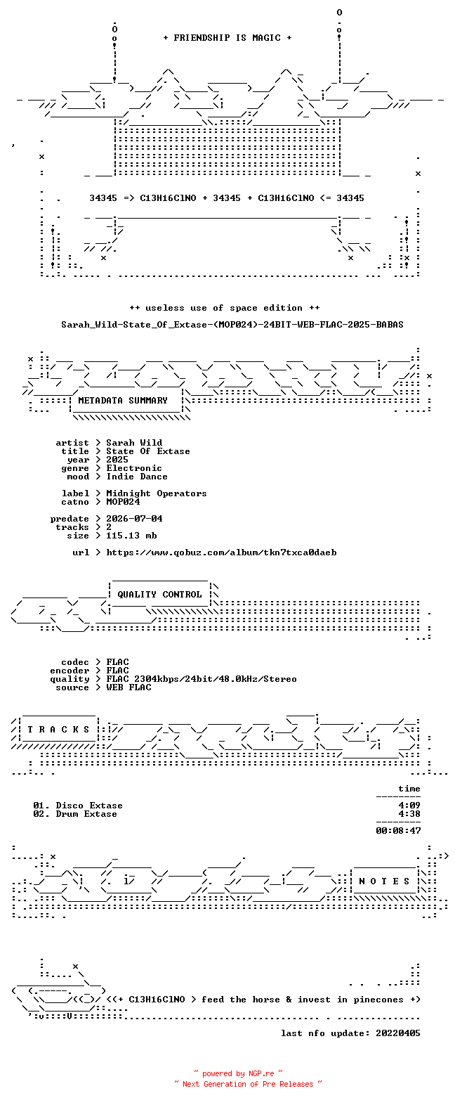 NFO for the release Sarah_Wild-State_Of_Extase-(MOP024)-24BIT-WEB-FLAC-2025-BABAS by BABAS