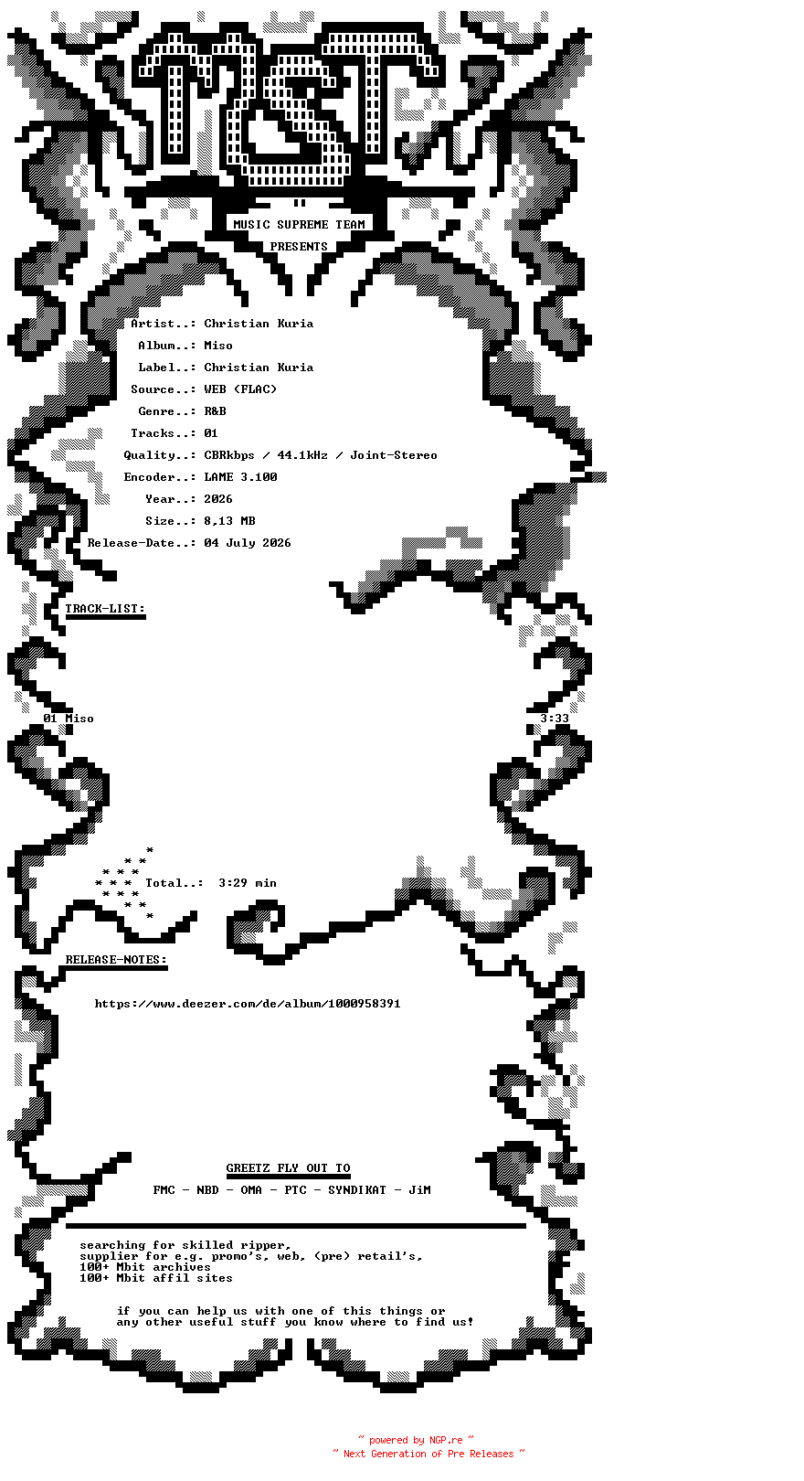 NFO for the release Christian_Kuria_-_Miso-SINGLE-WEB-2026-MST by MST
