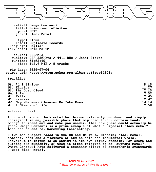 NFO for the release Omega_Centauri-Universum_Infinitum-WEB-2012-BLEEDiNG by BLEEDiNG