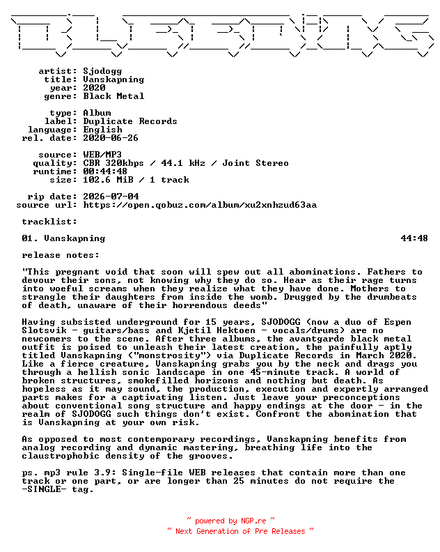 NFO for the release Sjodogg-Vanskapning-WEB-2020-BLEEDiNG by BLEEDiNG