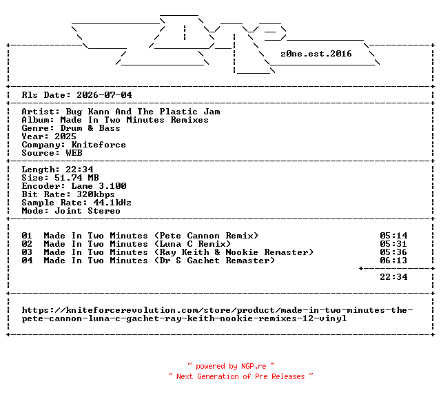NFO for the release Bug_Kann_And_The_Plastic_Jam-Made_In_Two_Minutes_Remixes-WEB-2025-z0ne by z0ne