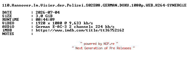 NFO for the release 110.Hannover.Im.Visier.der.Polizei.S02E08.GERMAN.DOKU.1080p.WEB.H264-SYNERGiE by SYNERGiE