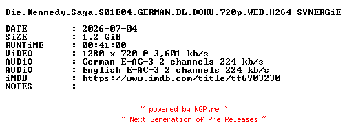 NFO for the release Die.Kennedy.Saga.S01E04.GERMAN.DL.DOKU.720p.WEB.H264-SYNERGiE by SYNERGiE