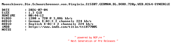 NFO for the release Moonshiners.Die.Schwarzbrenner.von.Virginia.S15E07.GERMAN.DL.DOKU.720p.WEB.H264-SYNERGiE by SYNERGiE