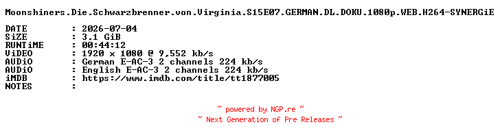 NFO for the release Moonshiners.Die.Schwarzbrenner.von.Virginia.S15E07.GERMAN.DL.DOKU.1080p.WEB.H264-SYNERGiE by SYNERGiE