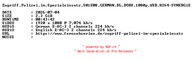 NFO for the release Zugriff.Polizei.im.Spezialeinsatz.S01E08.GERMAN.DL.DOKU.1080p.WEB.H264-SYNERGiE by SYNERGiE