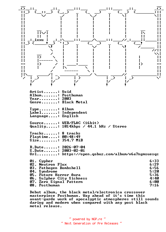 NFO for the release Void-Posthuman-16BIT-WEB-FLAC-2003-MOONBLOOD by MOONBLOOD