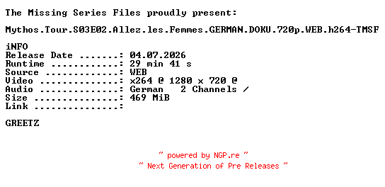 NFO for the release Mythos.Tour.S03E02.Allez.les.Femmes.GERMAN.DOKU.720p.WEB.h264-TMSF by TMSF