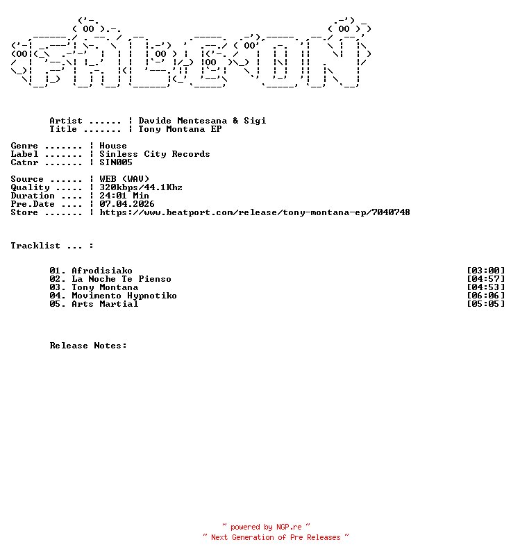 NFO for the release Davide_Mentesana_And_SIGI-Tony_Montana_EP-(SIN005)-WEB-2026-FALCON by FALCON