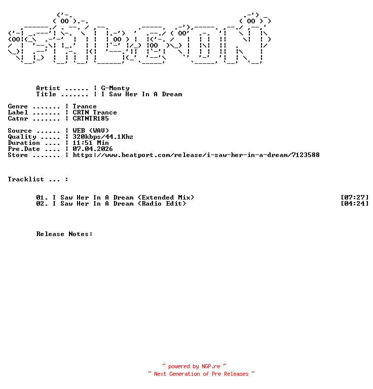 NFO for the release G-Monty-I_Saw_Her_In_A_Dream-(CRTNTR185)-WEB-2026-FALCON by FALCON