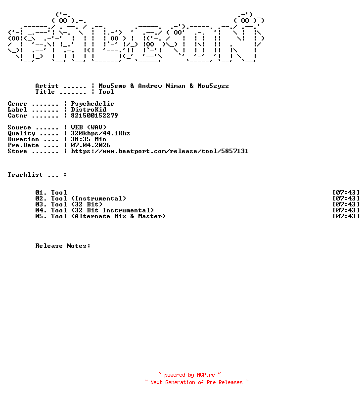 NFO for the release Mou5emo_And_Andrew_Niman_And_Mou5zyzz-TOOL-(821500152279)-WEB-2026-FALCON by FALCON