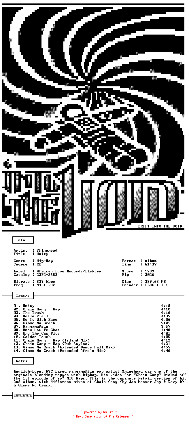 NFO for the release Shinehead-Unity-JP_Retail-CD-FLAC-1989-THEVOiD by THEVOiD