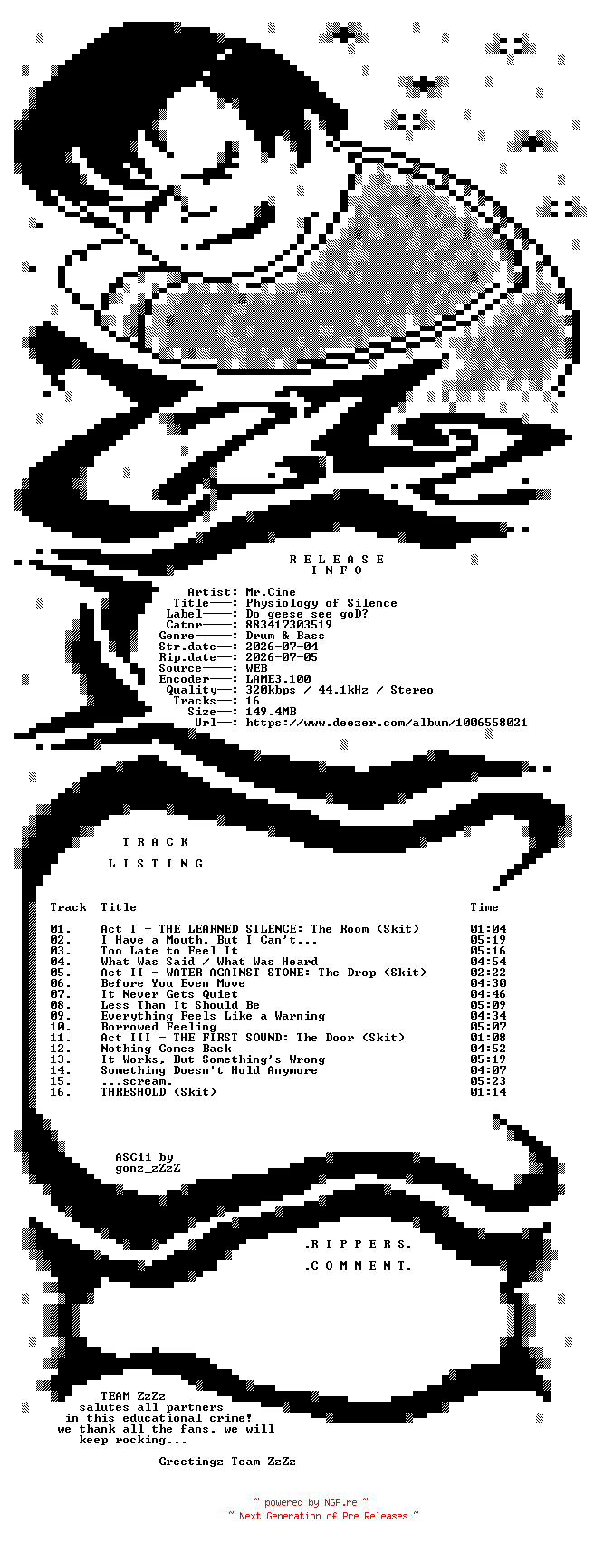 NFO for the release Mr.Cine_-_Physiology_of_Silence-(883417303519)-WEB-2026-ZzZz by ZzZz