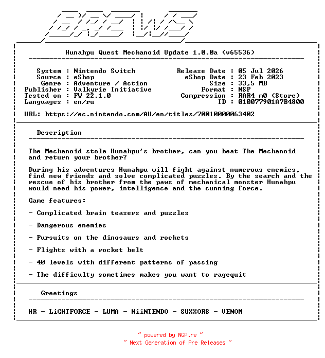 NFO for the release Hunahpu_Quest_Mechanoid_Update_v1.0.0a_NSW-BREWS by BREWS