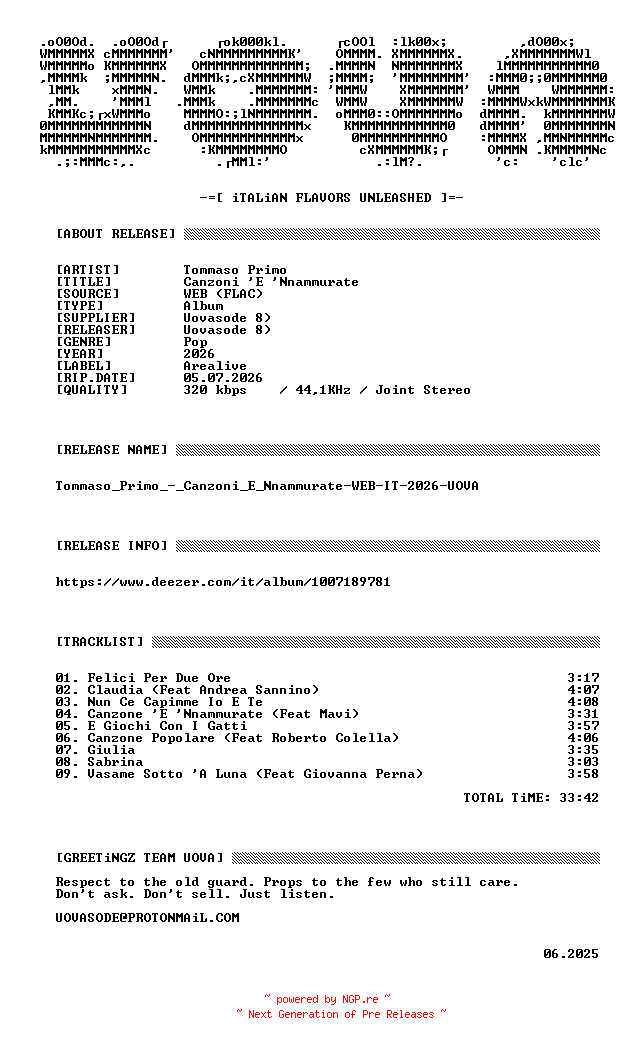 NFO for the release Tommaso_Primo_-_Canzoni_E_Nnammurate-WEB-IT-2026-UOVA by UOVA
