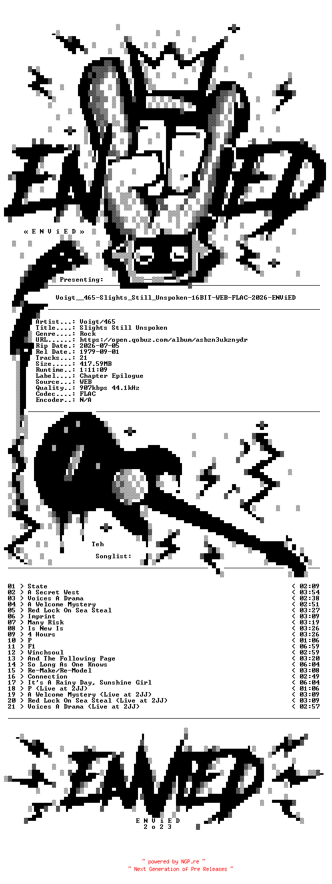 NFO for the release Voigt__465-Slights_Still_Unspoken-16BIT-WEB-FLAC-2026-ENViED by ENViED