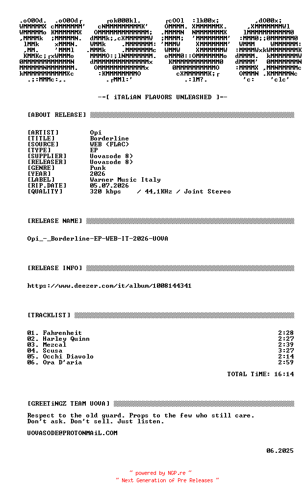 NFO for the release Opi_-_Borderline-EP-WEB-IT-2026-UOVA by UOVA