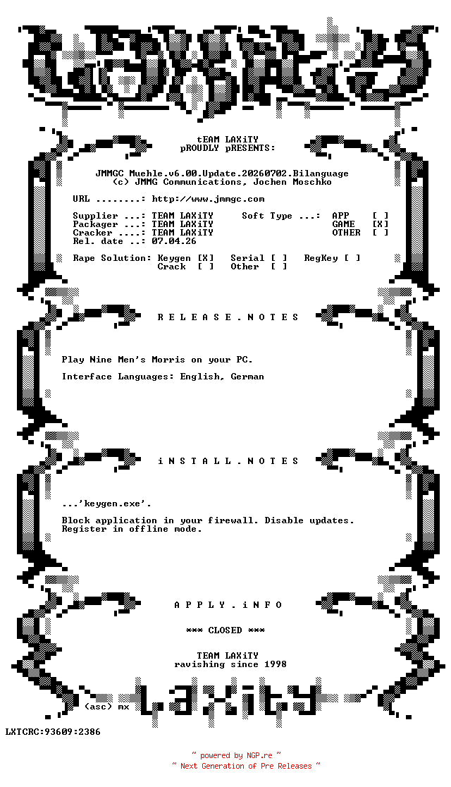 NFO for the release JMMGC.Muehle.v6.00.Update.20260702.Bilanguage.Keygen.only-LAXiTY by LAXiTY