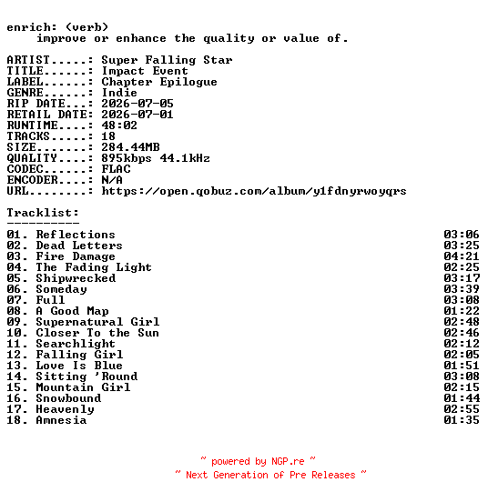 NFO for the release Super_Falling_Star-Impact_Event-16BIT-WEB-FLAC-2026-ENRiCH by ENRiCH