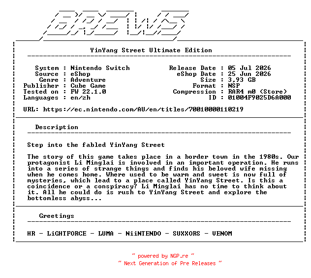 NFO for the release YinYang_Street_Ultimate_Edition_NSW-BREWS by BREWS