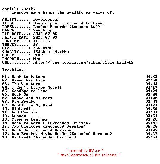 NFO for the release Doublespeak-Doublespeak_(Expanded_Edition)-16BIT-WEB-FLAC-2026-ENRiCH by ENRiCH