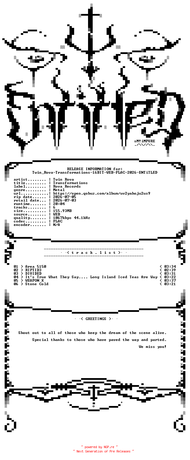 NFO for the release Twin_Rova-Transformations-16BIT-WEB-FLAC-2026-ENTiTLED by ENTiTLED