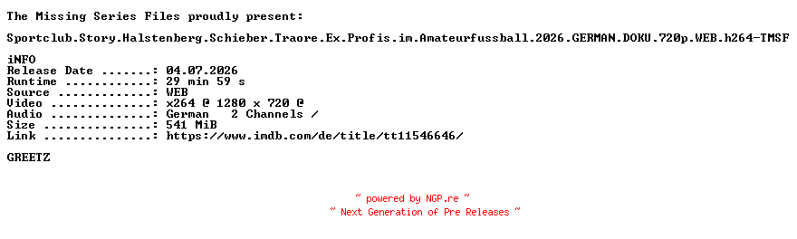 NFO for the release Sportclub.Story.Halstenberg.Schieber.Traore.Ex.Profis.im.Amateurfussball.2026.GERMAN.DOKU.720p.WEB.h264-TMSF by TMSF