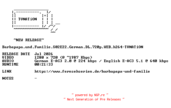 NFO for the release Barbapapa.und.Familie.S02E22.German.DL.720p.WEB.h264-TVNATiON by TVNATiON