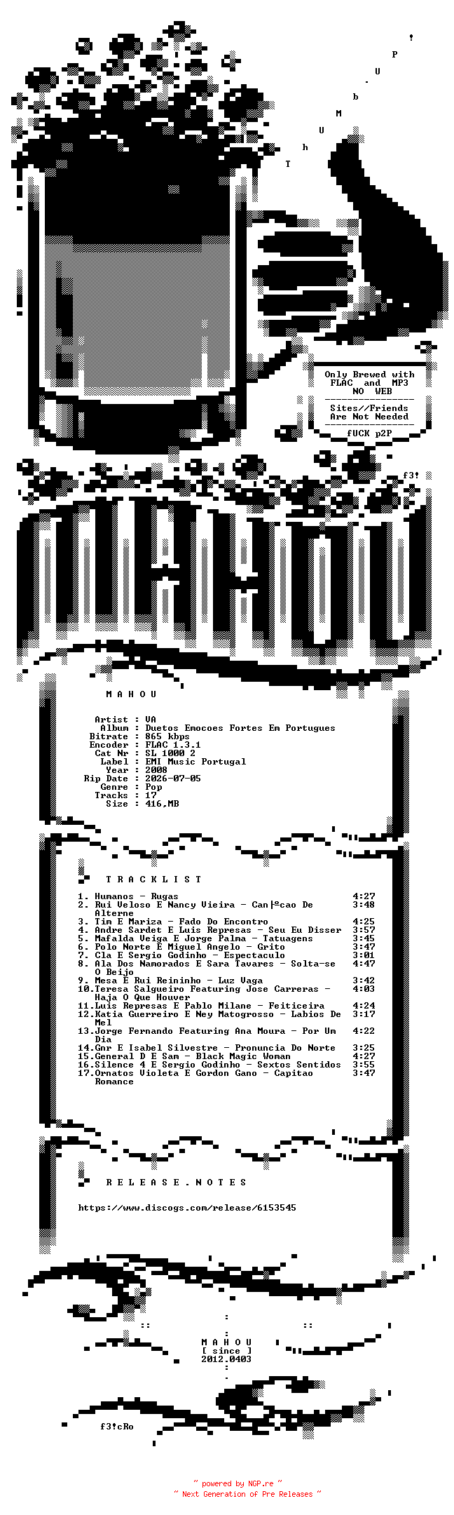 NFO for the release VA-Duetos_Emocoes_Fortes_Em_Portugues-PT-CD-FLAC-2008-MAHOU by MAHOU