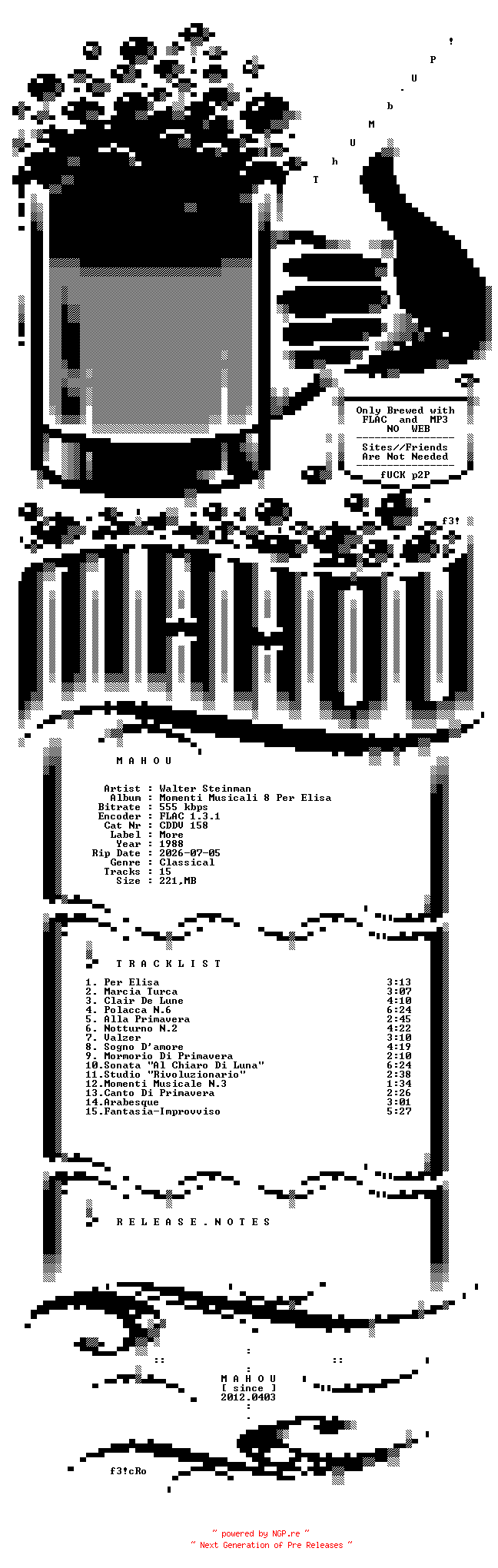 NFO for the release Walter_Steinman-Momenti_Musicali_8_Per_Elisa-CD-FLAC-1988-MAHOU by MAHOU