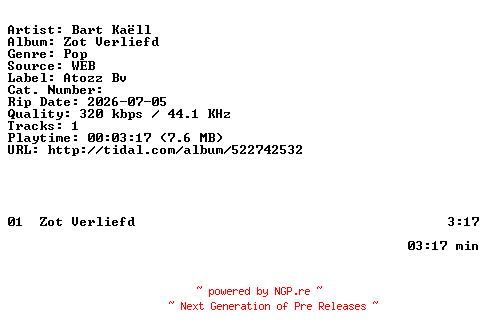 NFO for the release Bart_Kaell-Zot_Verliefd-SINGLE-WEB-NL-2026-BAQ by BAQ