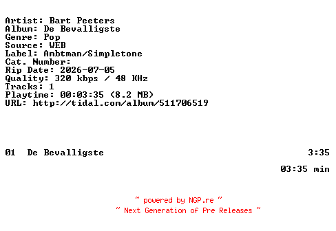 NFO for the release Bart_Peeters-De_Bevalligste-SINGLE-WEB-NL-2026-BAQ by BAQ