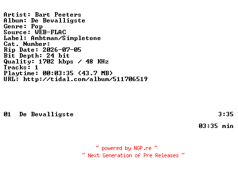 NFO for the release Bart_Peeters-De_Bevalligste-NL-SINGLE-24BIT-WEB-FLAC-2026-BAQ by BAQ