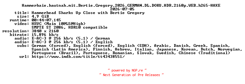 NFO for the release Hammerhaie.hautnah.mit.Bertie.Gregory.2026.GERMAN.DL.DOKU.HDR.2160p.WEB.h265-HAXE by HAXE