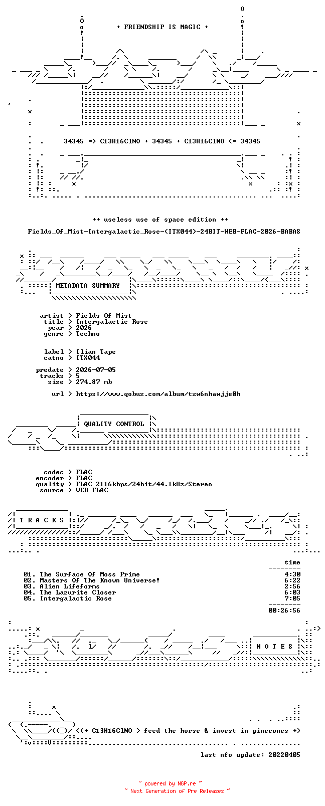 NFO for the release Fields_Of_Mist-Intergalactic_Rose-(ITX044)-24BIT-WEB-FLAC-2026-BABAS by BABAS