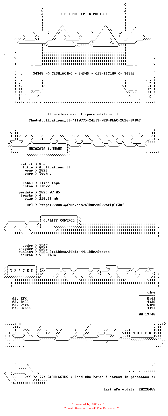 NFO for the release Shed-Applications_II-(IT077)-24BIT-WEB-FLAC-2026-BABAS by BABAS
