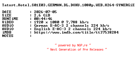 NFO for the release Tatort.Hotel.S01E03.GERMAN.DL.DOKU.1080p.WEB.H264-SYNERGiE by SYNERGiE