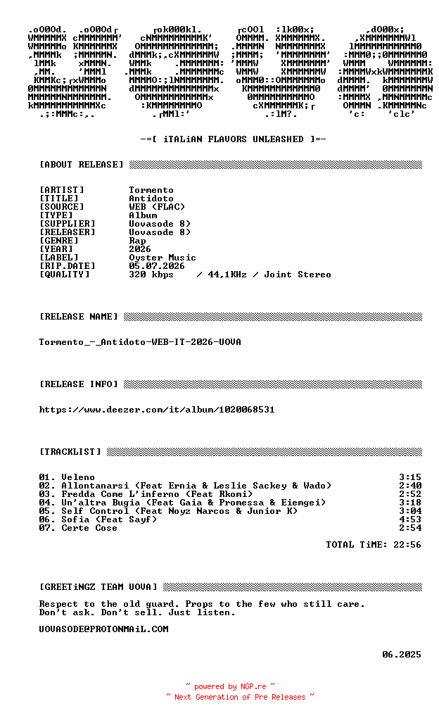 NFO for the release Tormento_-_Antidoto-WEB-IT-2026-UOVA by UOVA