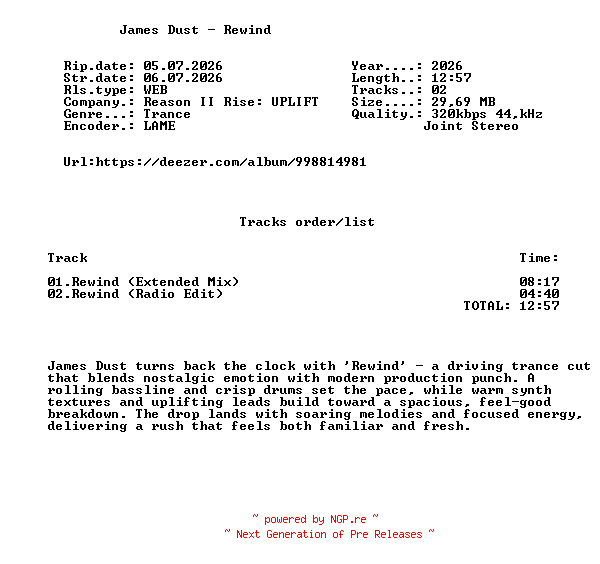 NFO for the release James_Dust_-_Rewind-(RRU100)-WEB-2026-FMC by FMC