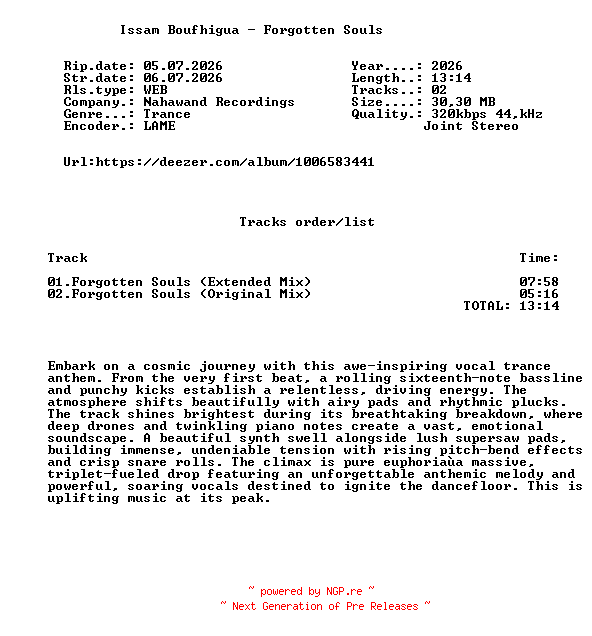 NFO for the release Issam_Boufhigua_-_Forgotten_Souls-(NHW298)-WEB-2026-FMC by FMC